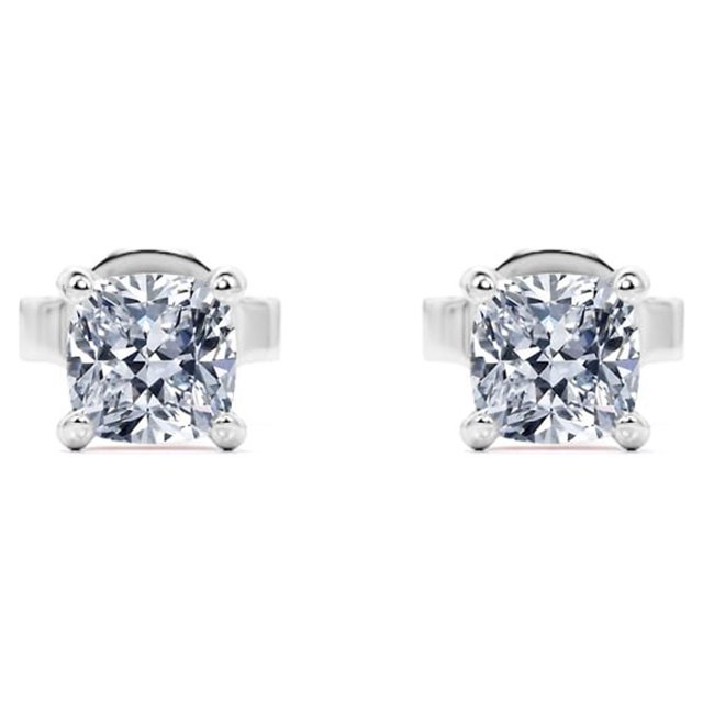 JeenMata Aros Tipo Botón Solitario de 4 Puntas con Diamantes de Talla Cojín de 0,75 Quilates Bañados en Oro Blanco de 18 K sobre Plata