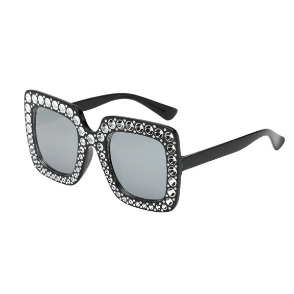 QIUXUJ - Bling Rhinestone Border Square Fashion Sunglasses, Frame Pink Reflective Mirror Lens Eyewear, Trendy Statement Shades for Vacation Photoshoot Outdoor Daily Wear (A)