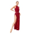 thumbnail image 2 of CHICTRY Womens Modern Lyrical Ballroom Dancewear Shiny Rhinestone Halter Leotard Split Maxi Sheer Flowy Tulle Dress Burgundy L, 2 of 7