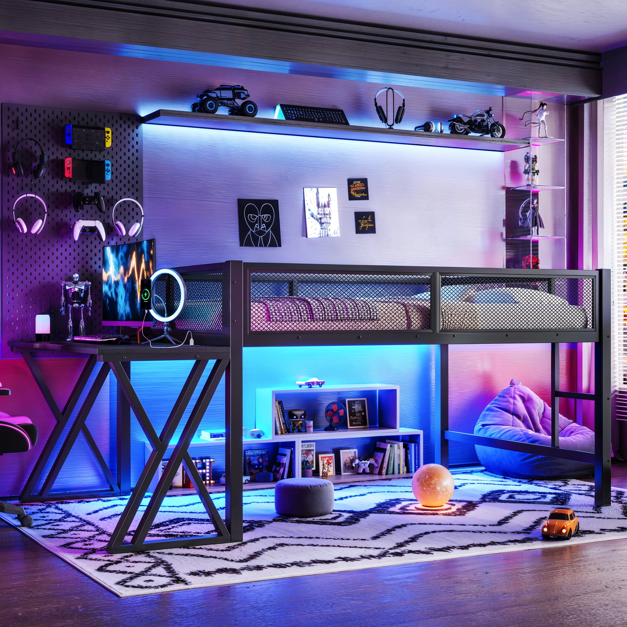 Leumius Full Size Loft Bed with Gaming Desk,Metal Loft Bed Frame with Full Length Guardrail,LED Lights and USB Ports,Space-Saving,Black