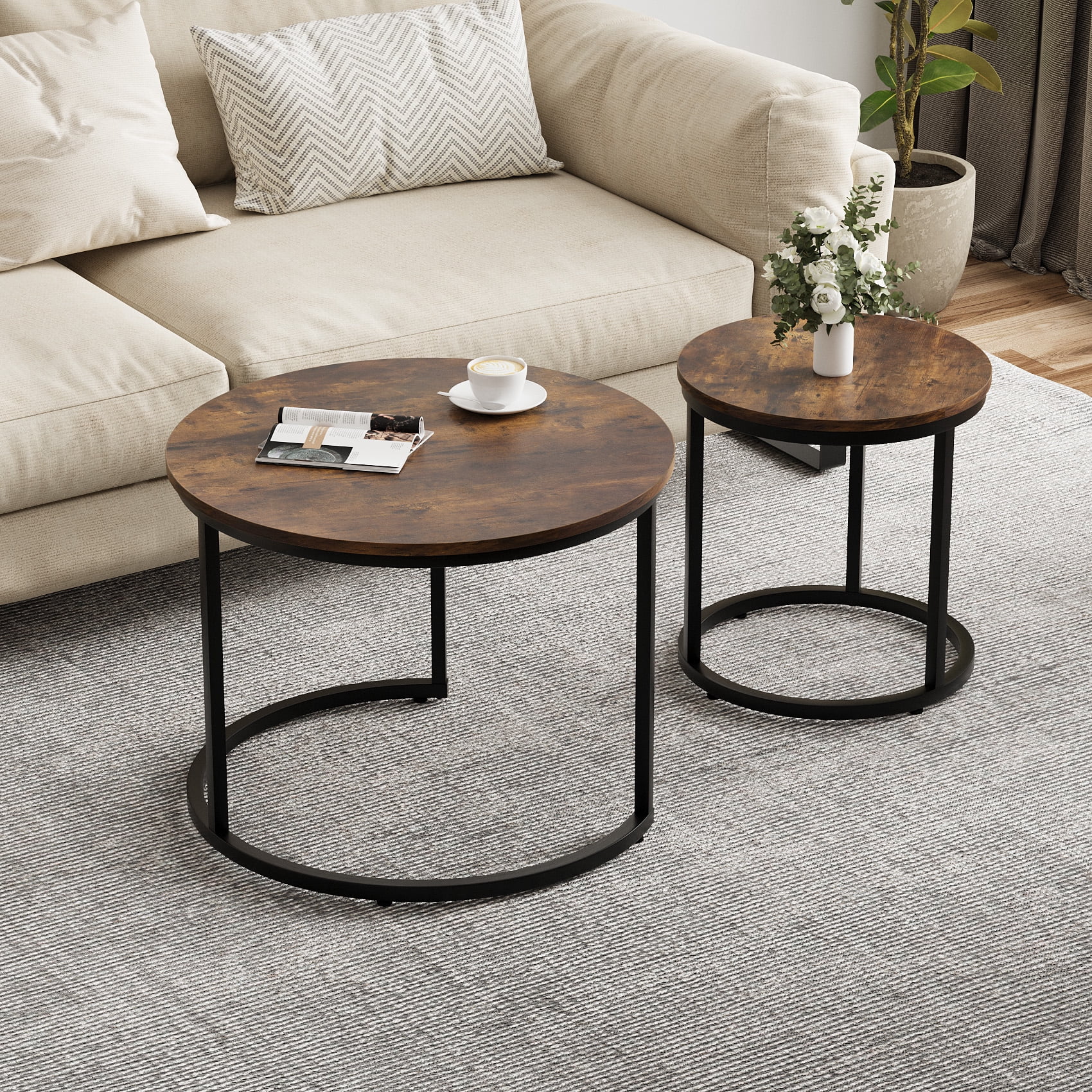 Algherohein Round Nesting Coffee Table Modern Marble Top Set of 2 for Living Room Black