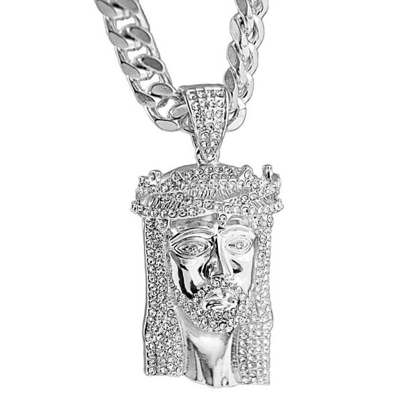 Mens Thorn Jesus Iced Pendant Cuban Link Chain Chunky Pendant Silver Tone Bling Hip Hop Necklace 30"