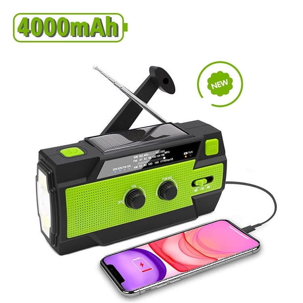Radio de emergencia de 4000 mAh, radio solar con manivela manual, cargador USB de banco de energía portátil, lámpara de lectura con linterna LED, alarma SOS, brújula para supervivencia en el