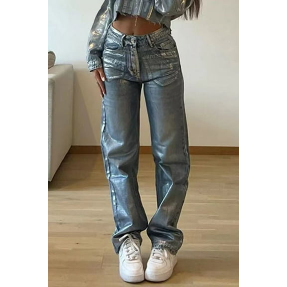 Fashion Hot Silver High Waist Straight Jeans (S, Blue)