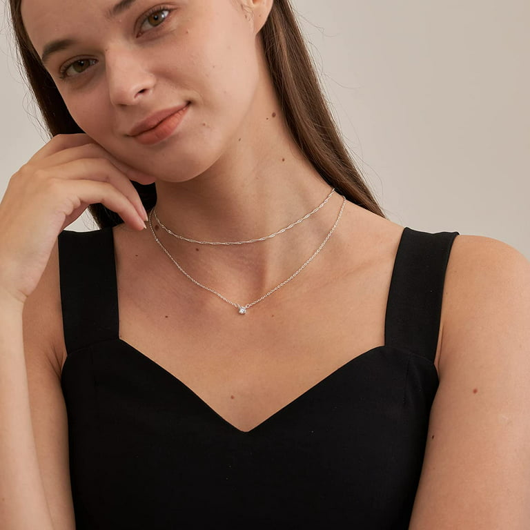 Silver Necklace for Women, Dainty Silver Layered Necklaces Sterling Silver  Diamond Pendant Necklace Simple Silver Chain Choker Necklaces Fashion Silver  Set Jewelry Gifts for Women Girls