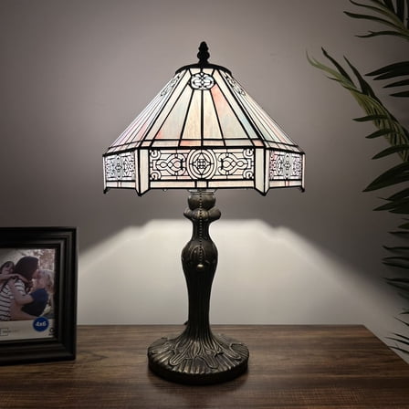 Tiffany Table Lamp Sky Color Hexagon Stained Glass LED Bulb Included for Living Room Dining Room Bedroom Bedside 19"H*12"W