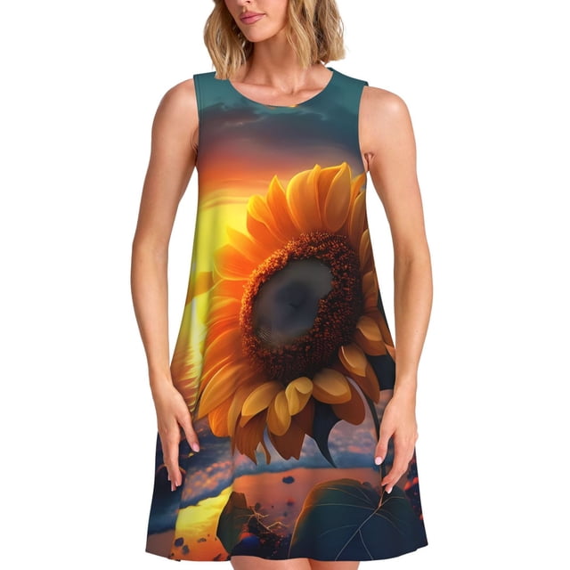 Disketp Sunset Coast Sunflower para Vestido sin Mangas para Mujeres, Vestidos de Verano para Mujeres, Casual y Holgado para la Playa