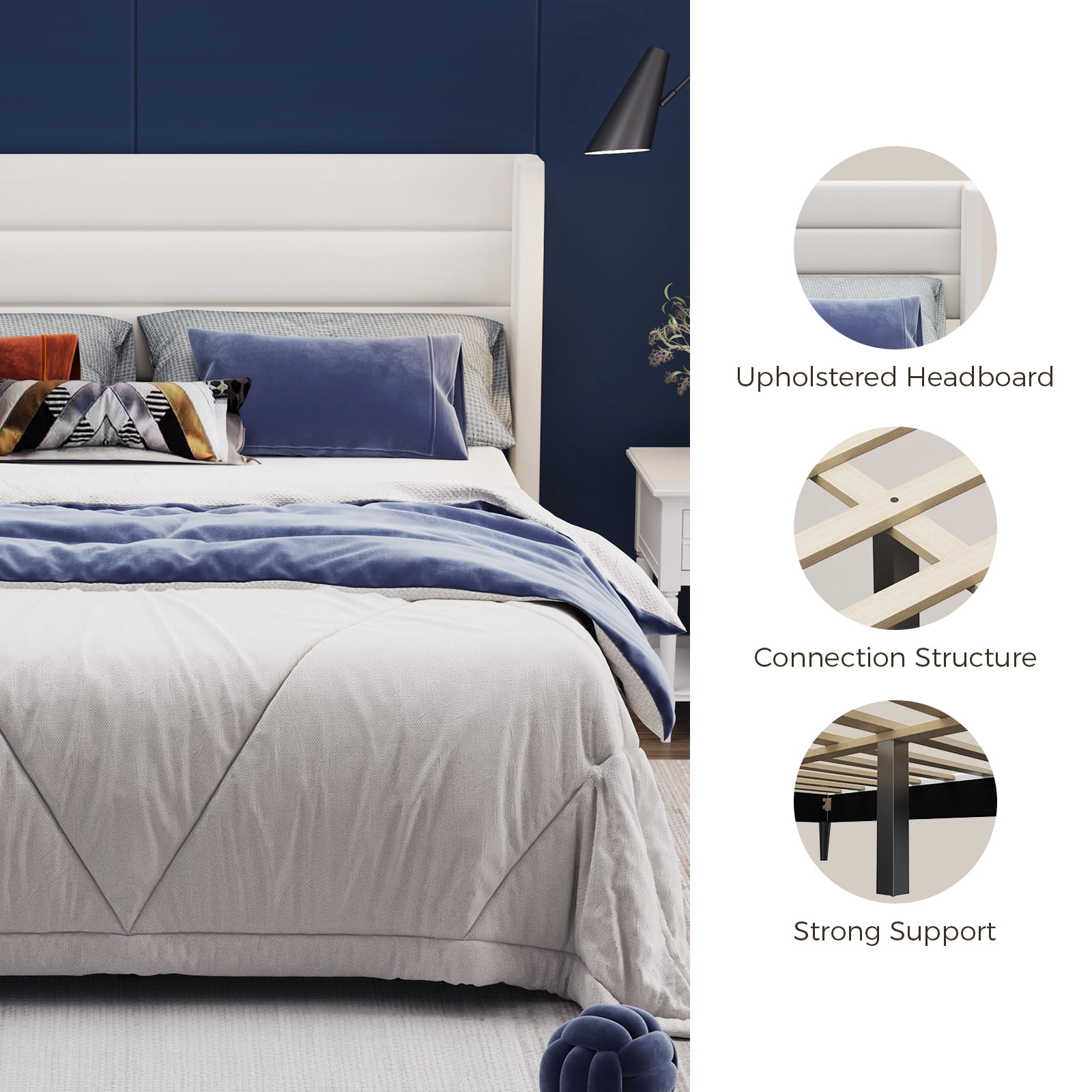 Sofanext Queen Bed Frame with Headboard, Upholstered Platform Bed Frame Queen, Wood Slat Support, No Box Spring Needed, Noise-Free, Cream White