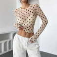 thumbnail image 6 of Lace Mesh Sheer Long Sleeve Tops for Women Polka Dot Casual Spring And Summer Fitted Tight T Shirts Blouses Beige S, 6 of 9