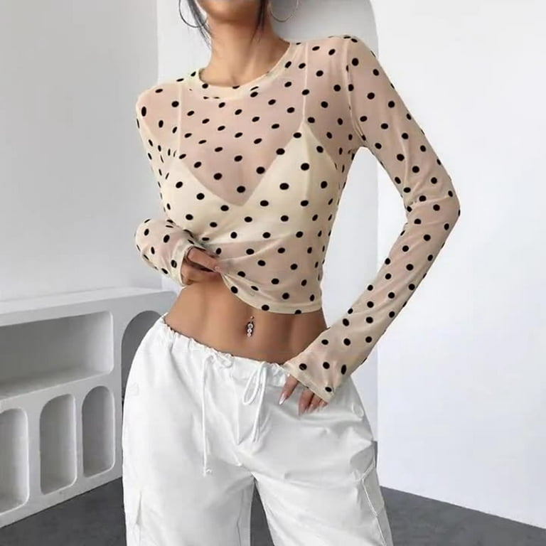 Lace Mesh Sheer Long Sleeve Tops for Women Polka Dot Casual Spring
