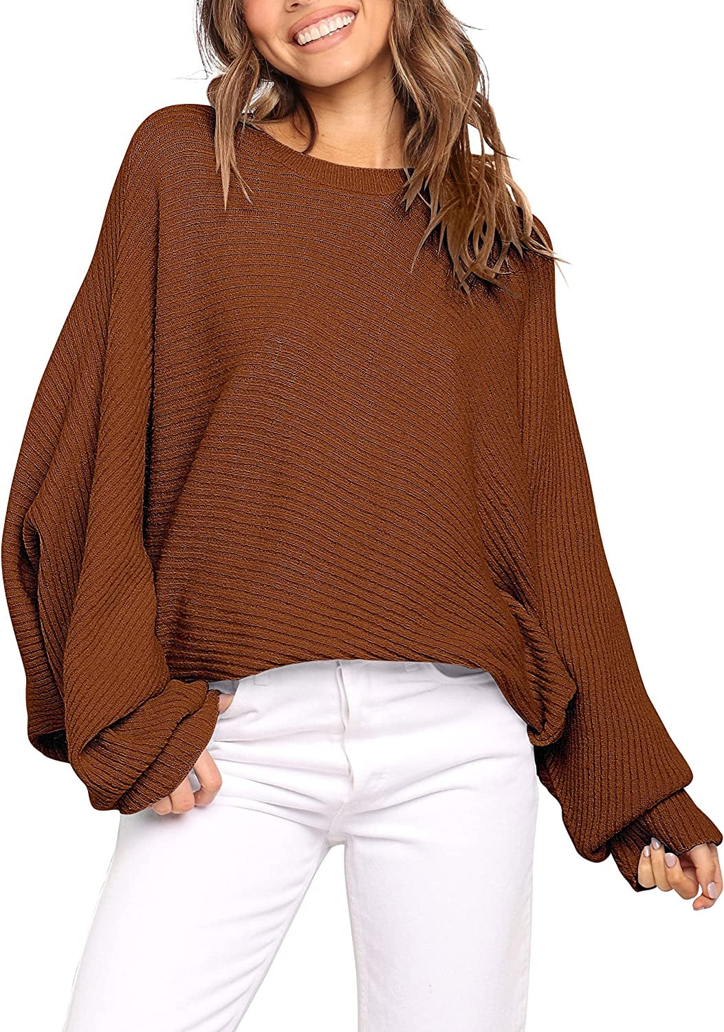 QWZNDZGR Women's Oversized Crewneck Sweater Batwing Puff