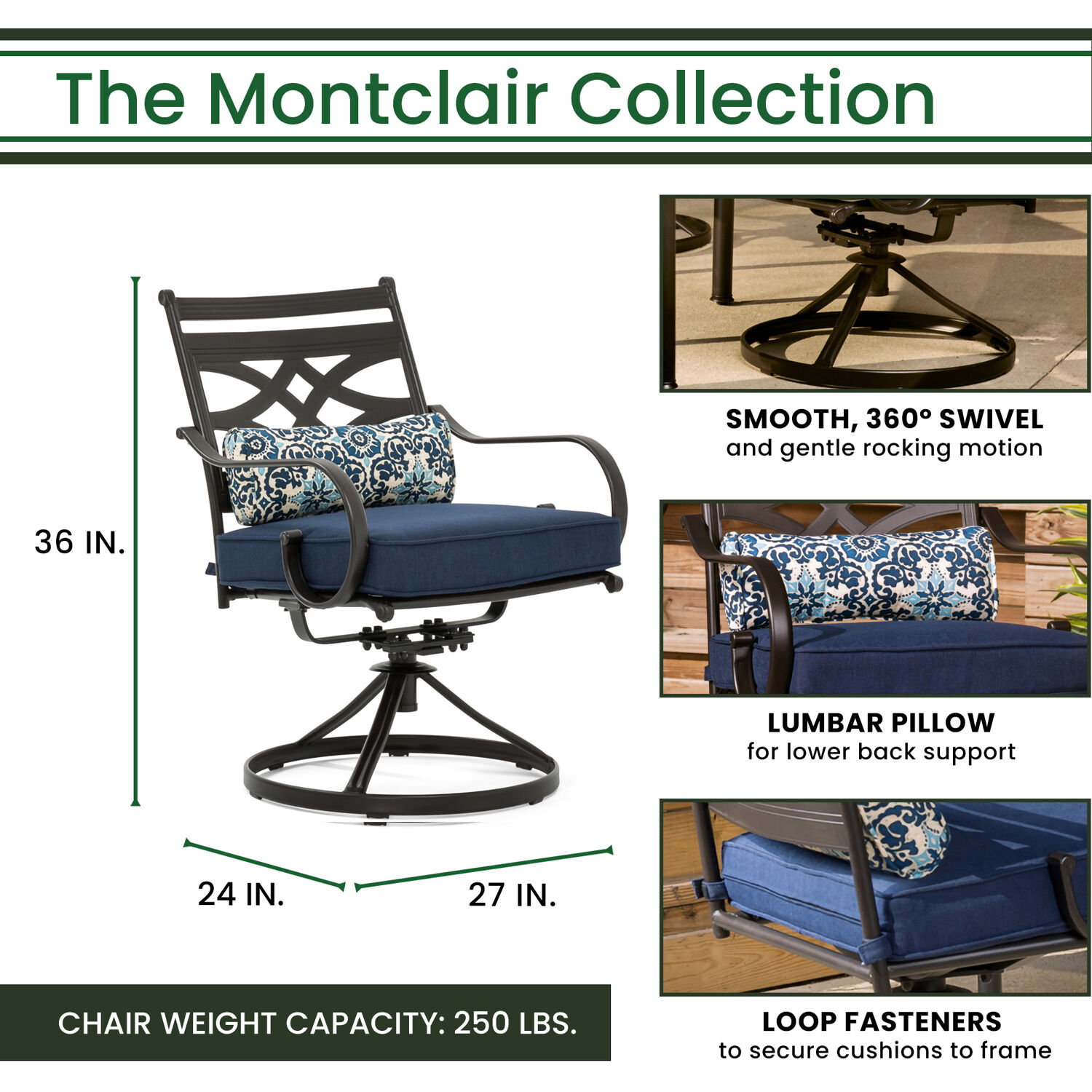Hanover Montclair 5-Piece All-Weather Outdoor Patio Dining Set, 4 Swivel Rocker Chairs with Comfortable Seat and Lumbar Cushions, 40" Square Stamped Rectangle Table, Umbrella, and Base - image 3 of 14