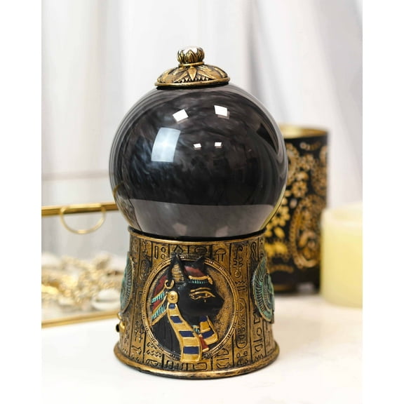 Egyptian Goddess Bastet & Scarab Hieroglyphic Black Sandstorm Gazing Ball Statue