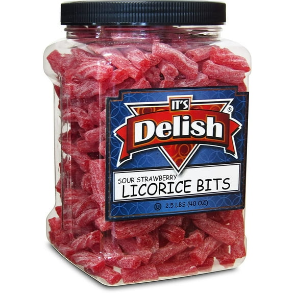 Sweet & Sour Strawberry Licorice Bits by Its Delish, 2.5 LBS 40 Oz Jumbo Container Jar  Chewy Red Strawberry Lightly Sour Candy Twists  Great Gifts Party Sweets  Made in USA, Vegan, Kosher
