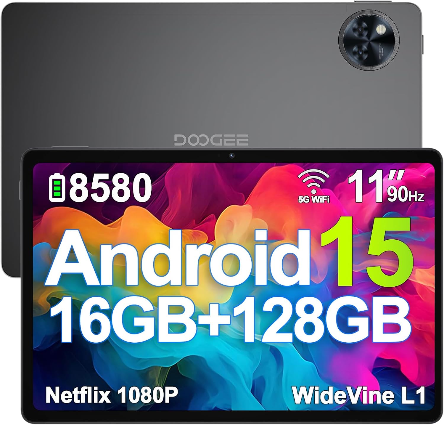 DOOGEE U11 Android 15 Tablets, 11 Inch Tablet with Gemini AI, 16GB+128GB/2TB, 8580mAh, Unisoc T7200, 5G WiFi Android Tablets | Widevine L1 | Bluetooth 5.0 | 13MP+6MP | GPS | OTG - Black