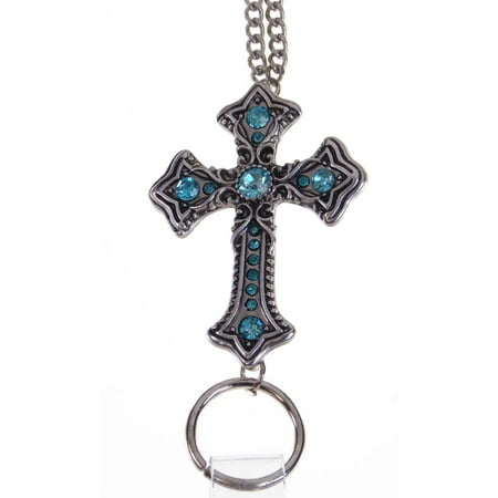 Aqua Titanium Necklace - Jeweled Cross Breakaway ID Badge Holder Necklace - Aqua