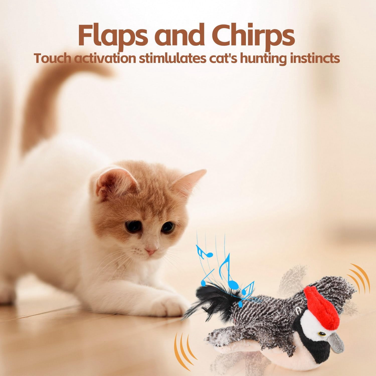 QD-Gotrays Interactive Cat Toys, Rechargeable Chirping Flapping Bird(no Flying) with Catnip for Indoor Cats, Touch Activated, Plush Kitten Exercise Toys (Brown Sparrow)