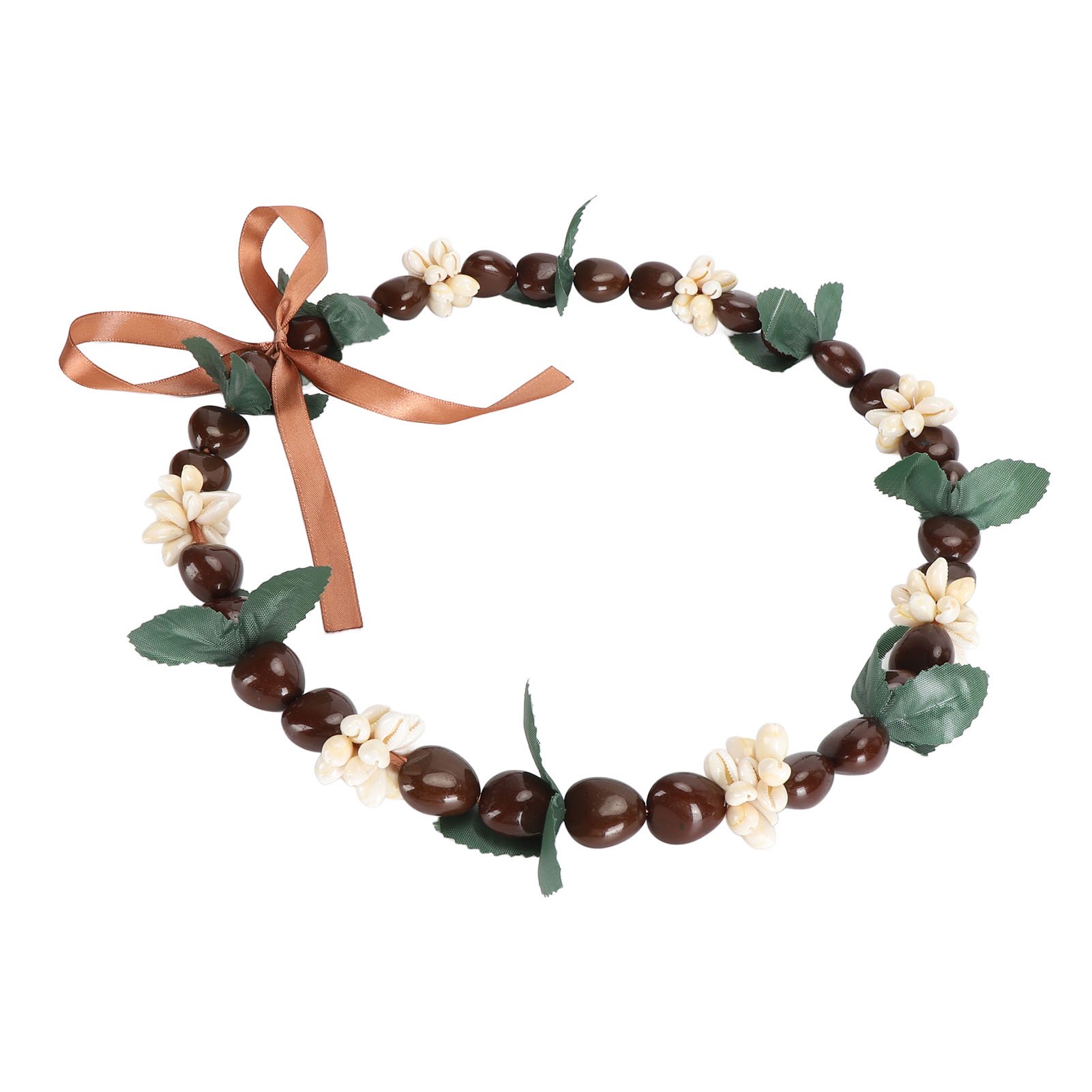Suodoka Hawaiian Kukui Nut Lei Necklace Elegant Hand Crafted Graduation Shell Leis Necklace for Hawaiian Party Ribbon Garland Brown 32 inches / 81.28 cm