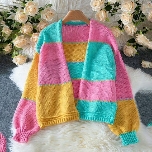 Qetyuw Color Block Cardigan Sweater for Women Chunky Lantern Long Sleeve Sweaters Coat Knitted Casual Cardigans Jacket