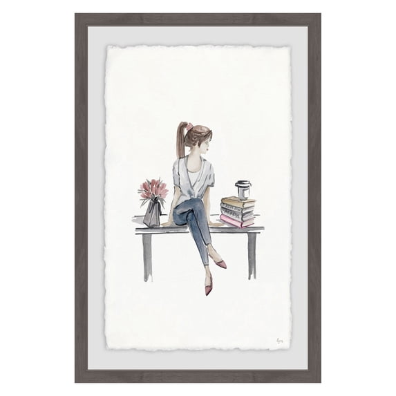Marmont Hill Pretty Girl Sitting on a Bench Framed Print Wall Art