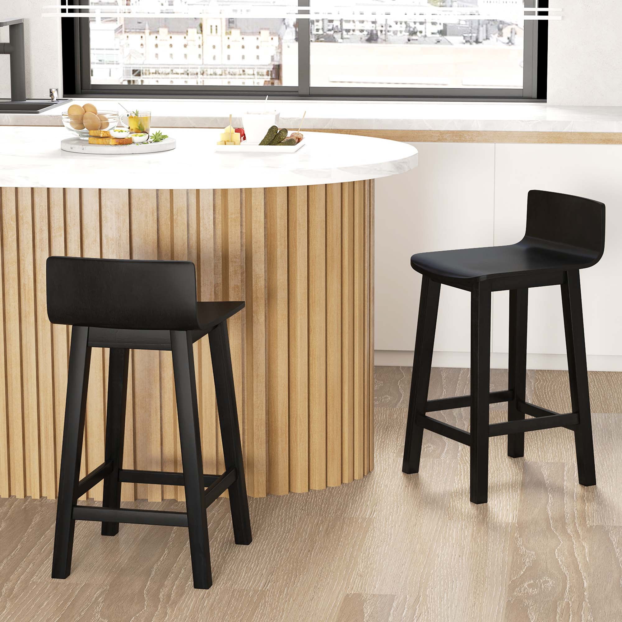 Costway 24.5" Wood Bar Stools Set of 2 with Solid Back & Seat Mid Century Bar Chairs Black
