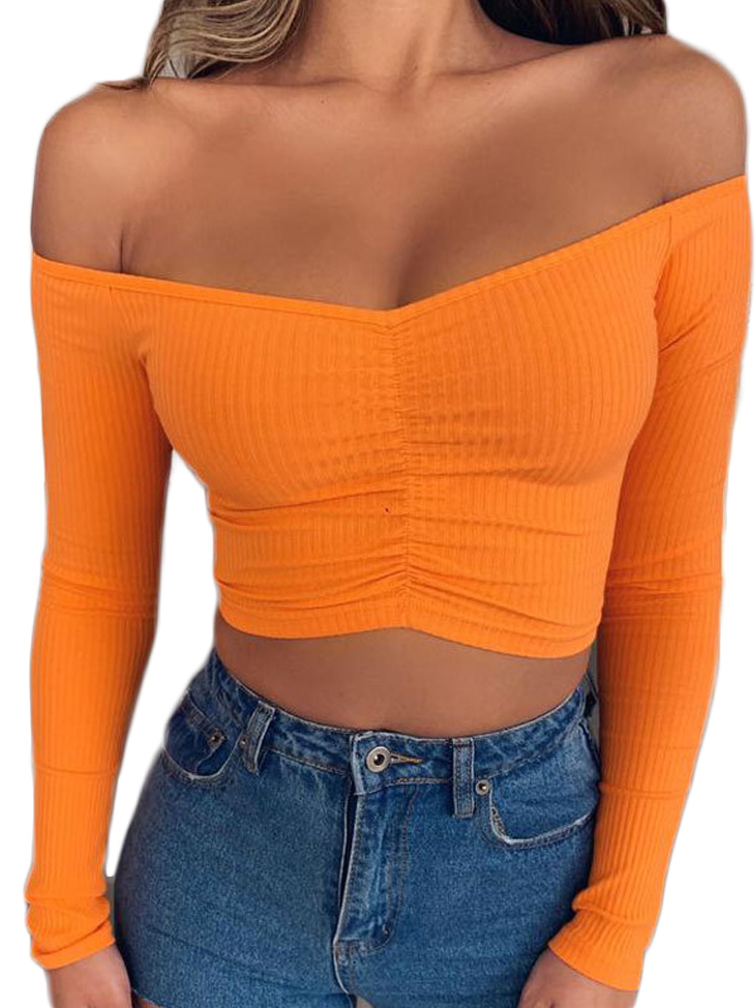 Lookwoild Women Long Sleeve Ribbed Low Cut V Neck Top Off Shoulder T