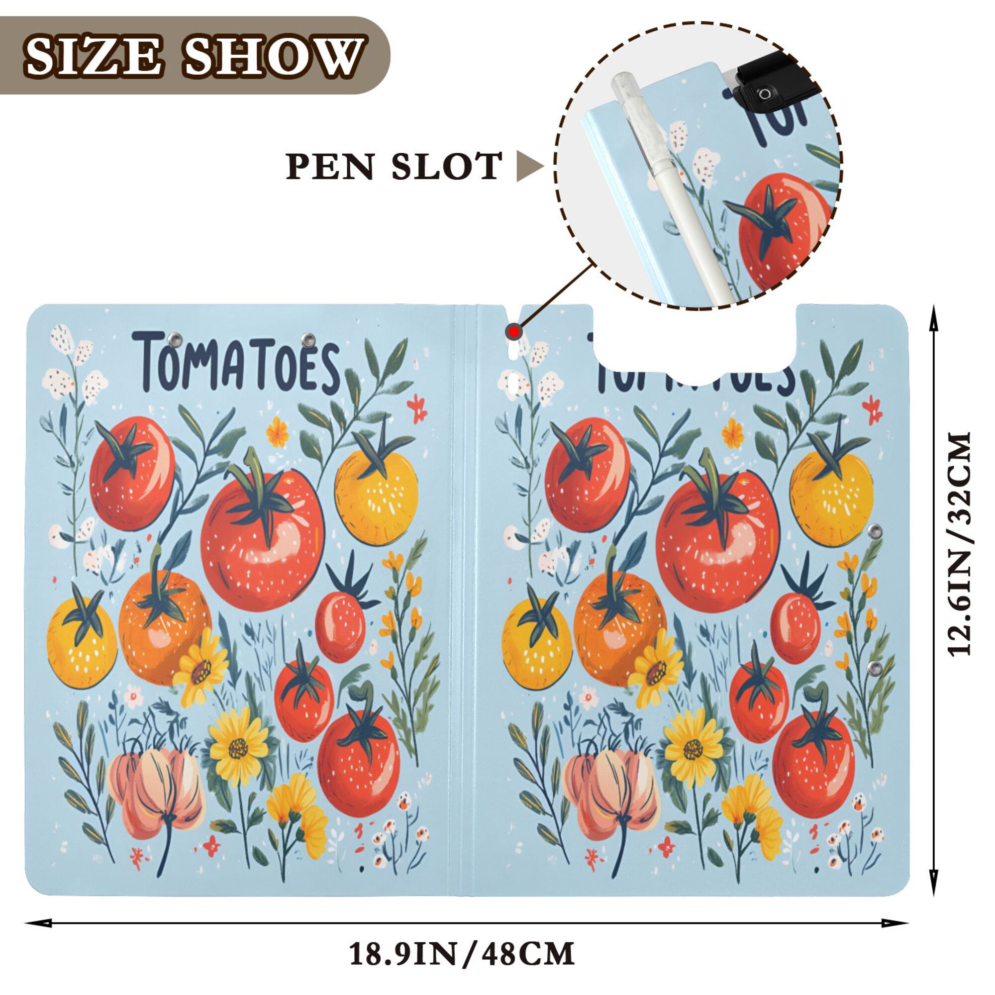 FORMRS A4 Clipboard Folder with Pen Holder Horizontal Foldable School Office Binder, Yellow Floral Tomatoes