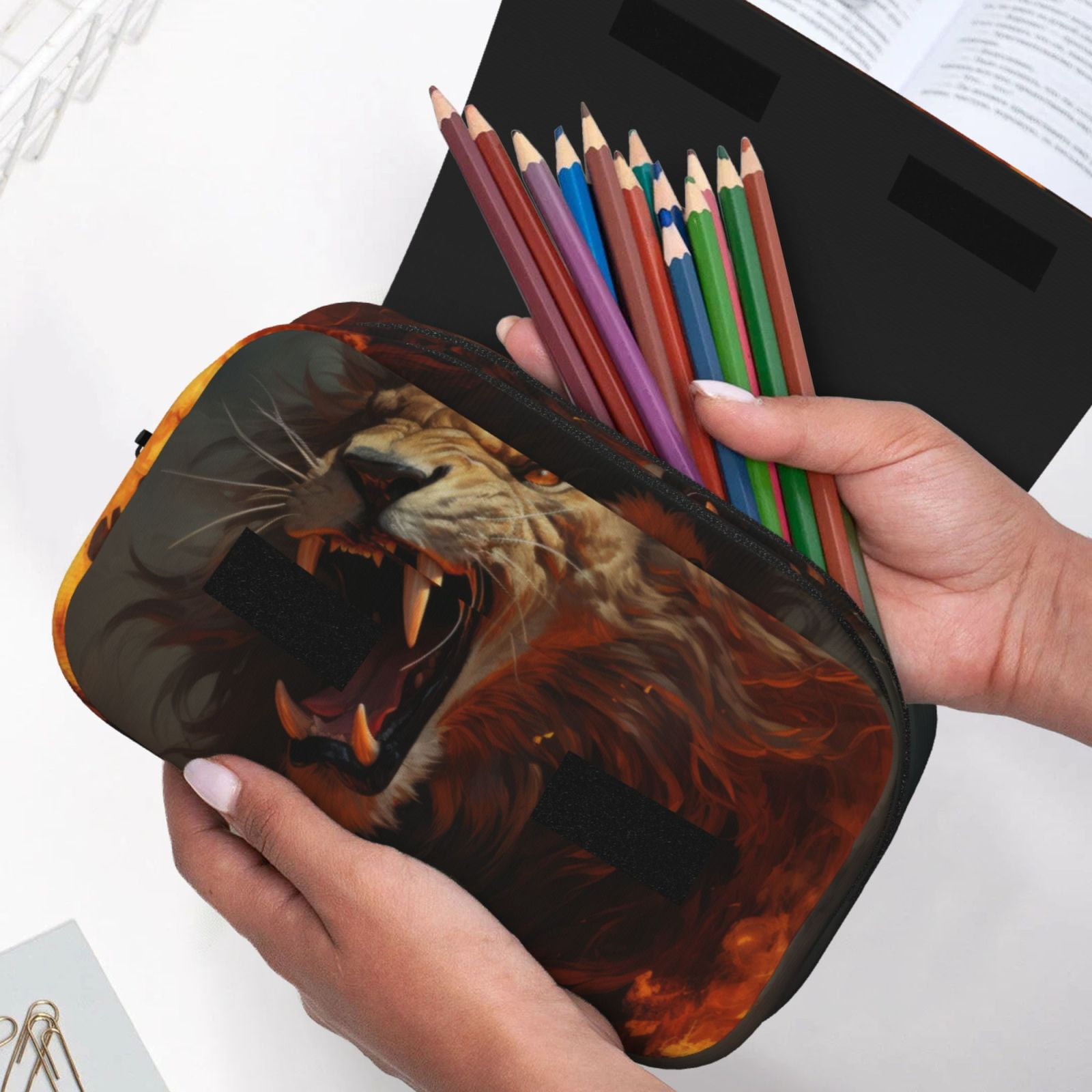 Rateoe Cool Flame Lion A Pattern Double Clamshell Pen Case, Storage Organizer with Two Zipper Compartments– Holds Up to 50 Pencils & Pens