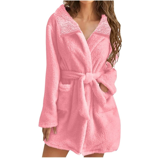 cfhntfmh Womens Fuzzy Robe Mid Length Bathrobe Belted Long Sleeve Soft Bath Robes Plush Fall Winter Spa Robes with Pockets