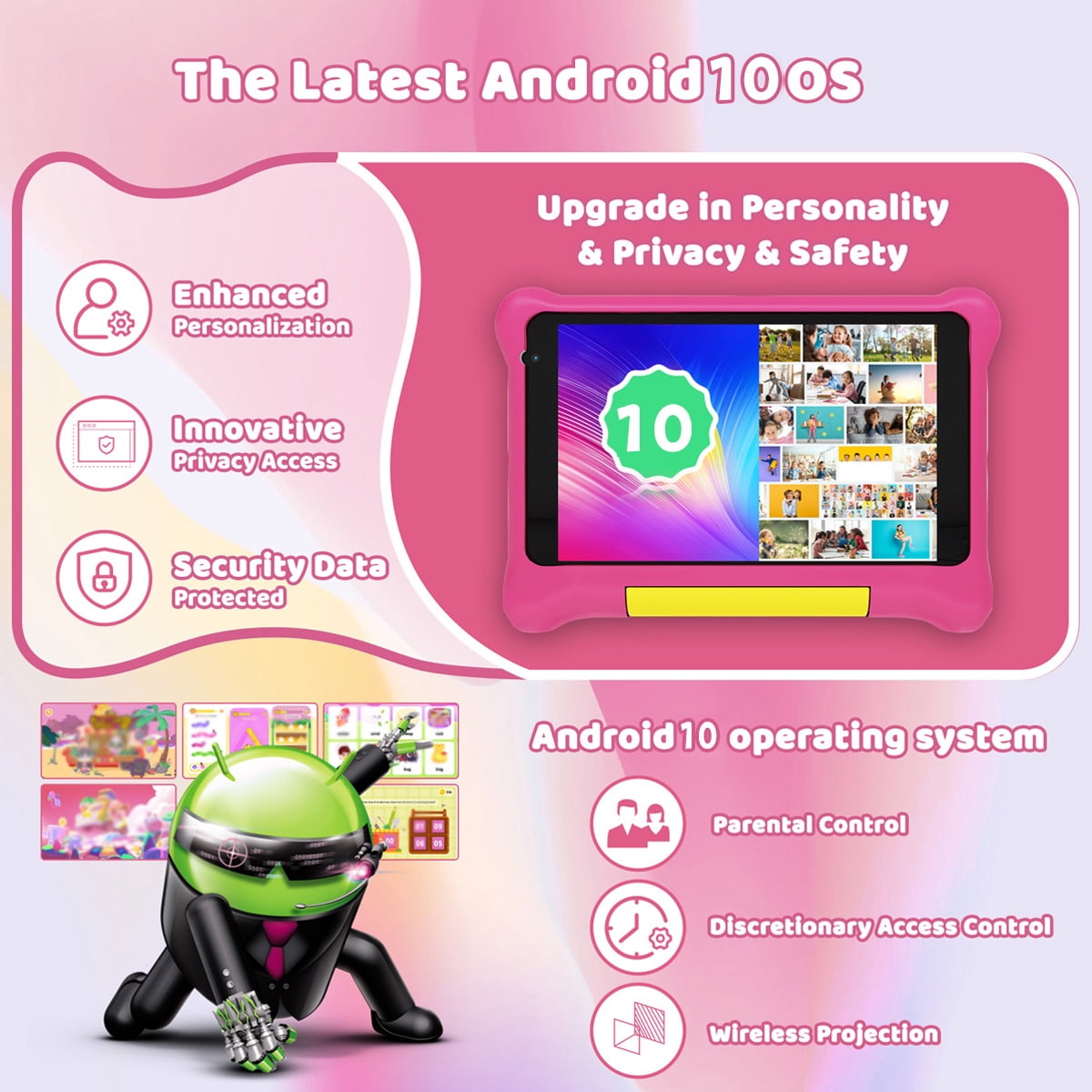 7" Kids Learning Tablet Bundle - Headphones, Stylus & Bag, Pre-Installed & Parental Controls,Android 13 allwinner Go Quad Core, 5GB RAM + 32GB ROM, 128GB Expansion-Pink