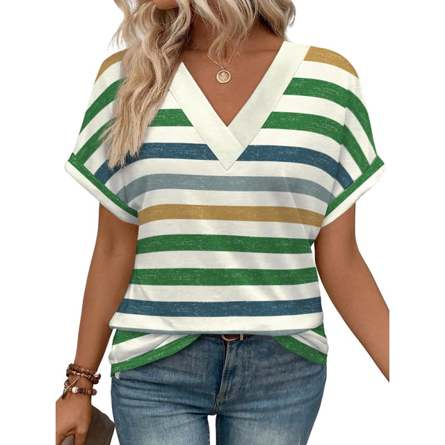 Blusa WIHOLL para mujer, talla grande, manga corta, cuello en V, verde, 3XL