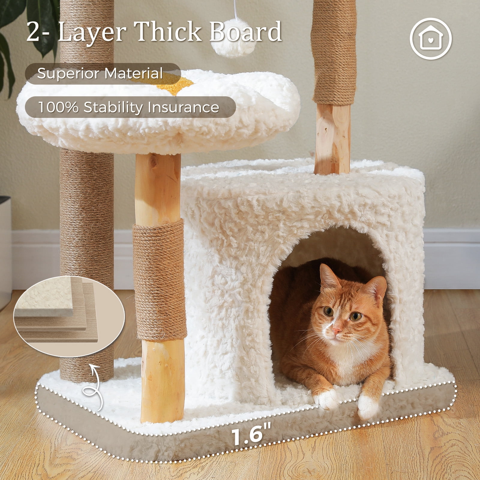 PEQULTI 48.5'' Solid Wood Cat Tree Cat Tower for Indoor Cats with Rattan Hammock&Flower Perch White
