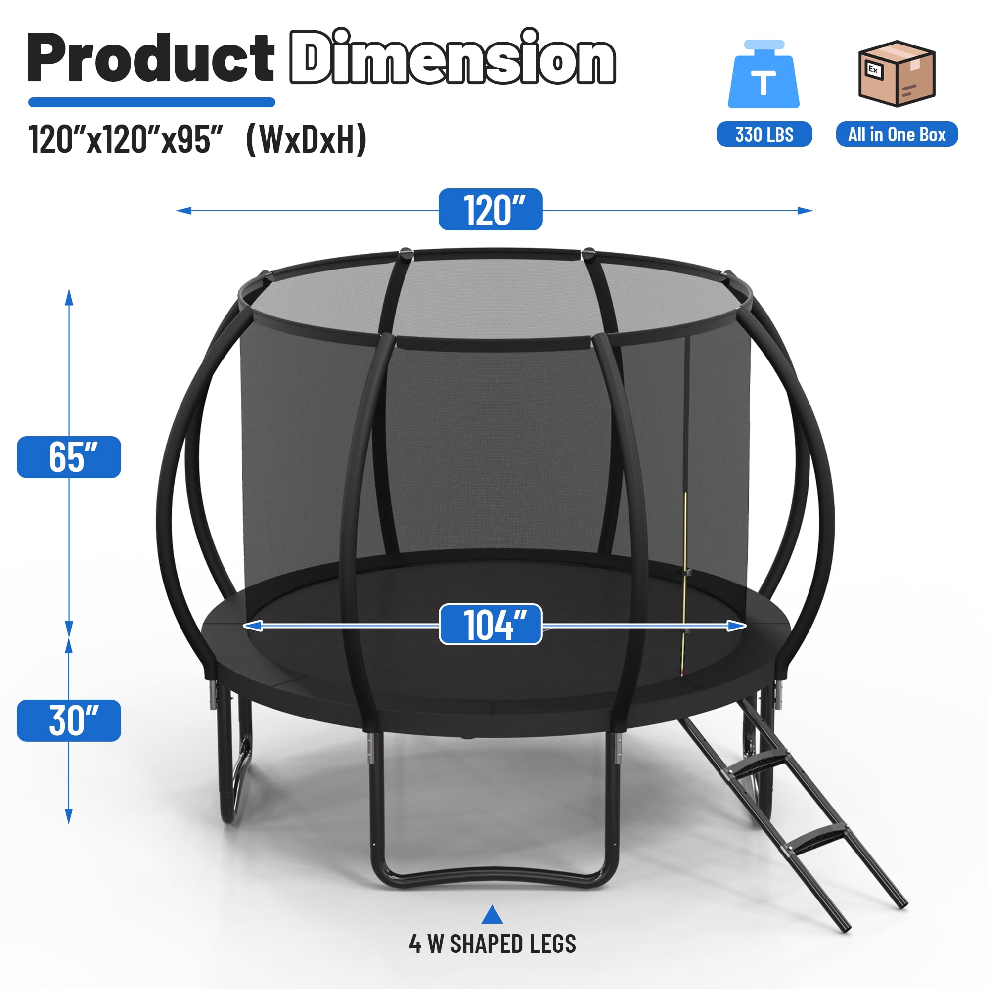 Betisef 10 FT Recreational Trampoline W/ Safety Enclosure Net – Indoor & Outdoor Use, Round Trampoline For Kids Black