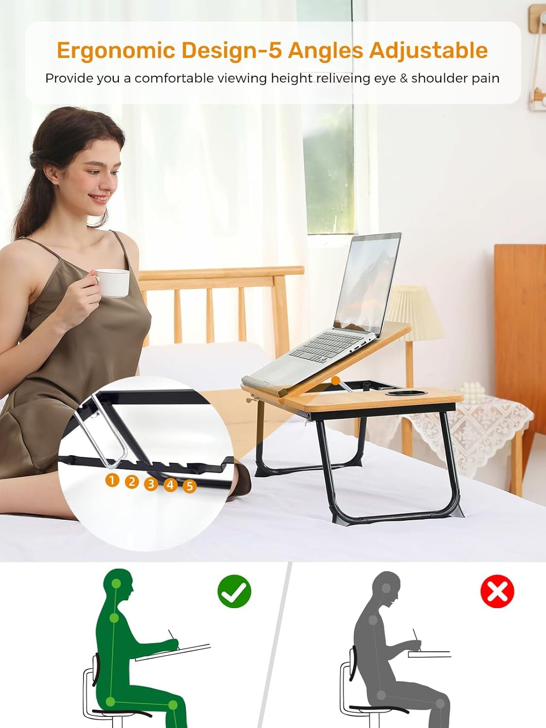 Laptop Desk for Bed, 5-Angle Adjustable Bed Desk with Foldable Legs &Cup Holder, Light Weight Bed Tray Table for Writing/Eating/Reading, Lap Desk for Couch/Sofa/Floor