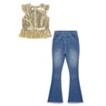 thumbnail image 4 of dPois Kids Girls Clothes Sequins Mermaid Flutter Sleeve Shirt Top with Flare Leg Jeans Pants Set 2Pcs Gold 6, 4 of 6