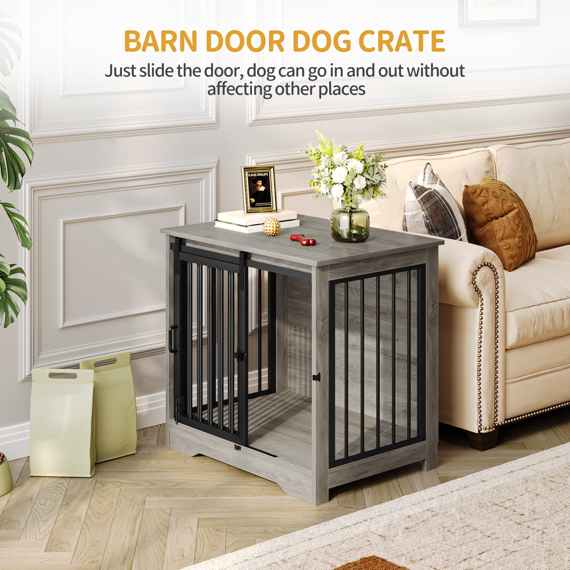 27.2"Dog Crate Furniture with Barn Door,Wooden Pet Cage End Table for Small Medium Dogs up to 22 lb
