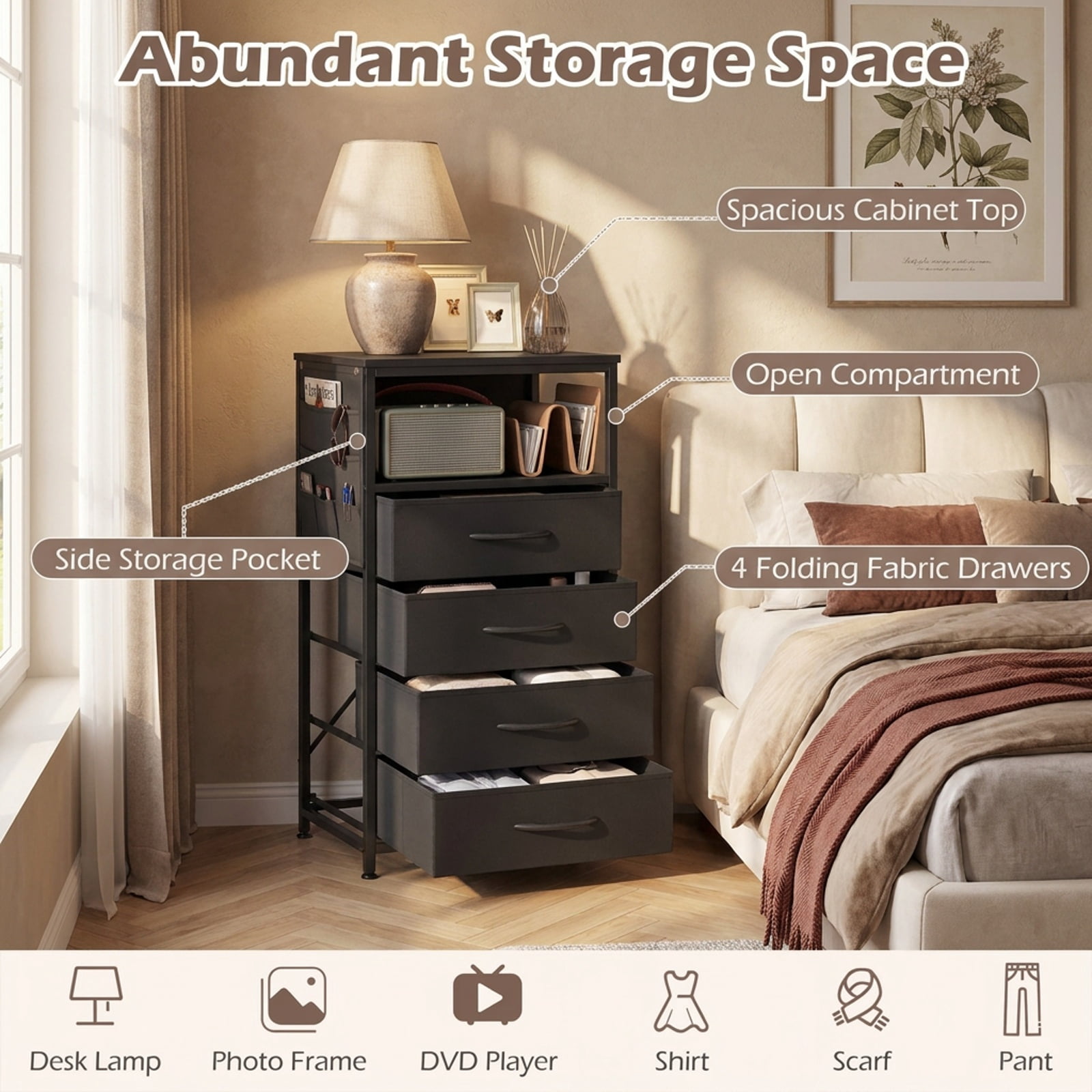 Furnibear 34 Inch Tall Black Nightstand with Integrated Charging Station and 4 Fabric Drawers