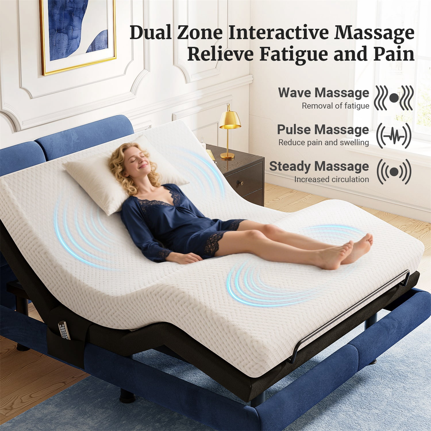 Sino Luban Adjustable Bed Frame Base Split King Size (Sync Control as King) with Massage, Head&Foot Incline - Zero Gravity Electric Bed with 4 USB Ports, Nightlight, Fast Assembly, 3 Height Options