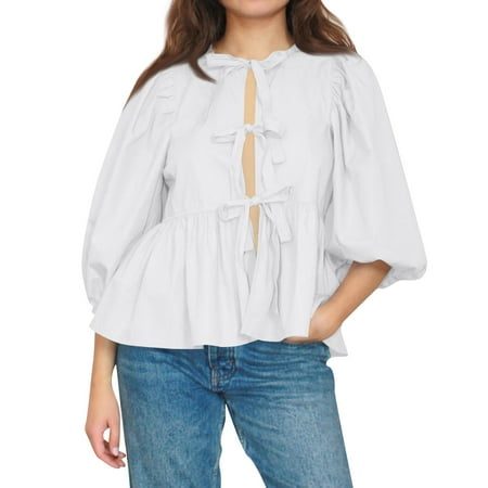 Mohiass Women Bow Tie Front Shirt Top Cute Puff Sleeve Y2K Peplum Ruffle Babydoll Blouse Lace Up Summer Going Out White S
