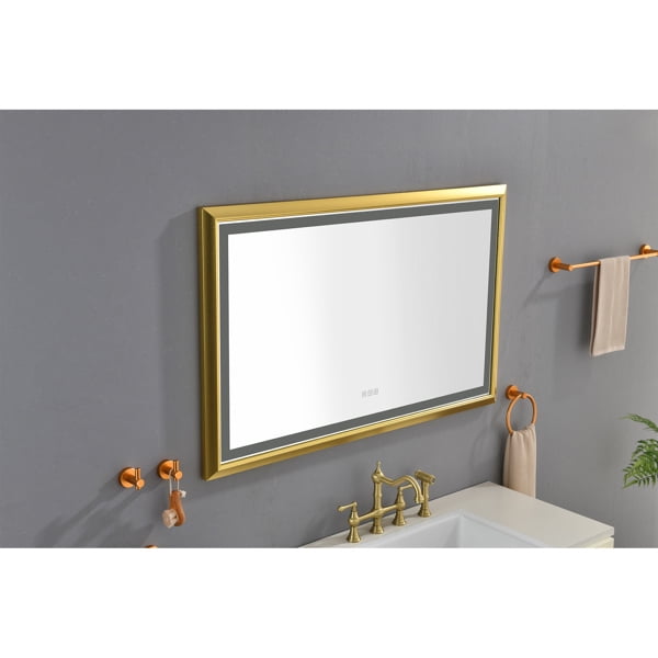48x30 Inch LED Frontlit Bathroom Mirror with Metal Frame, Wall Mounted Vanity Mirror with Smart Touch Button, Anti-Fog, Memory Function, 3 Colors, Stepless Dimmable Makeup Mirror