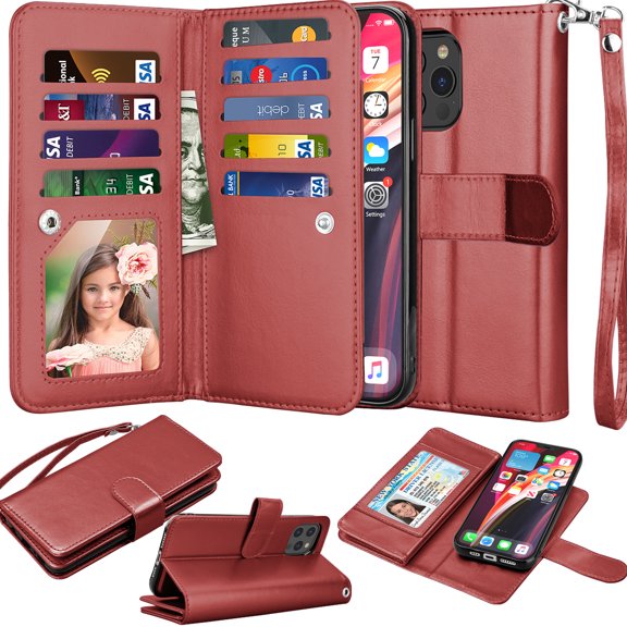 Takfox iPhone 12 Case, iPhone 12 Pro Case Cover 9 Card Holder PU Leather Kickstand Wrist Strap Protective Wallet Case for Women Apple iPhone 12/12 Pro 6.1 inch (2020), Wine Red