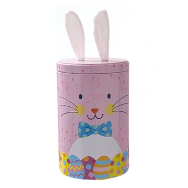 Cateissary Caja de hojalata con forma de conejito, estilo retro, para decoración de dulces, con orejas de conejo de peluche, caja de regalo para Almacenamiento y organización del hogar rosa