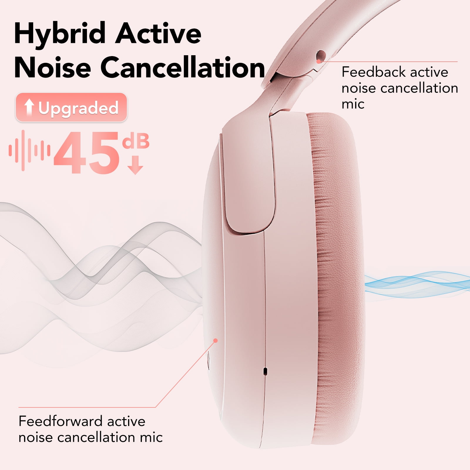 Hybrid Active Noise Cancelling -45dB, Bluetooth Headphones 5.4, 50H Playtime Earbuds, Clear Call with 4 Mics, Bass Boosted by 90%, Comfort Fit Over Ear Headphones for Travel Home Office PC Pink