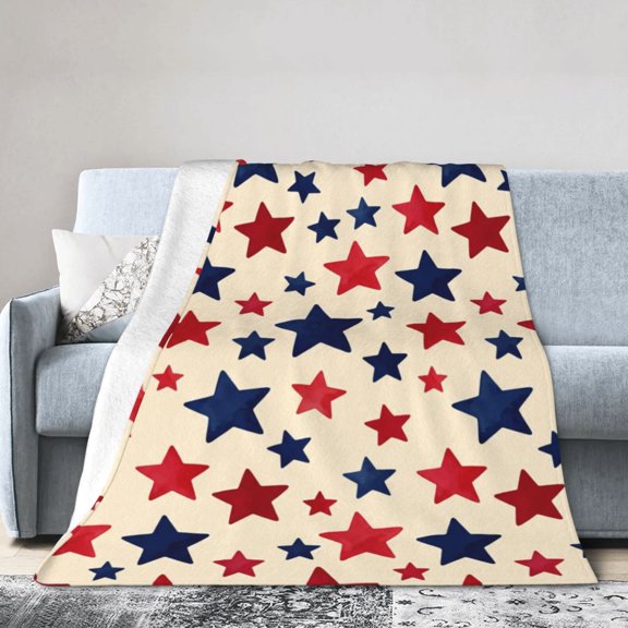 Patriotic Throw Blanket, Soft Flannel Red and Blue Stars Pattern, Cozy Decor for Living Room 50x40