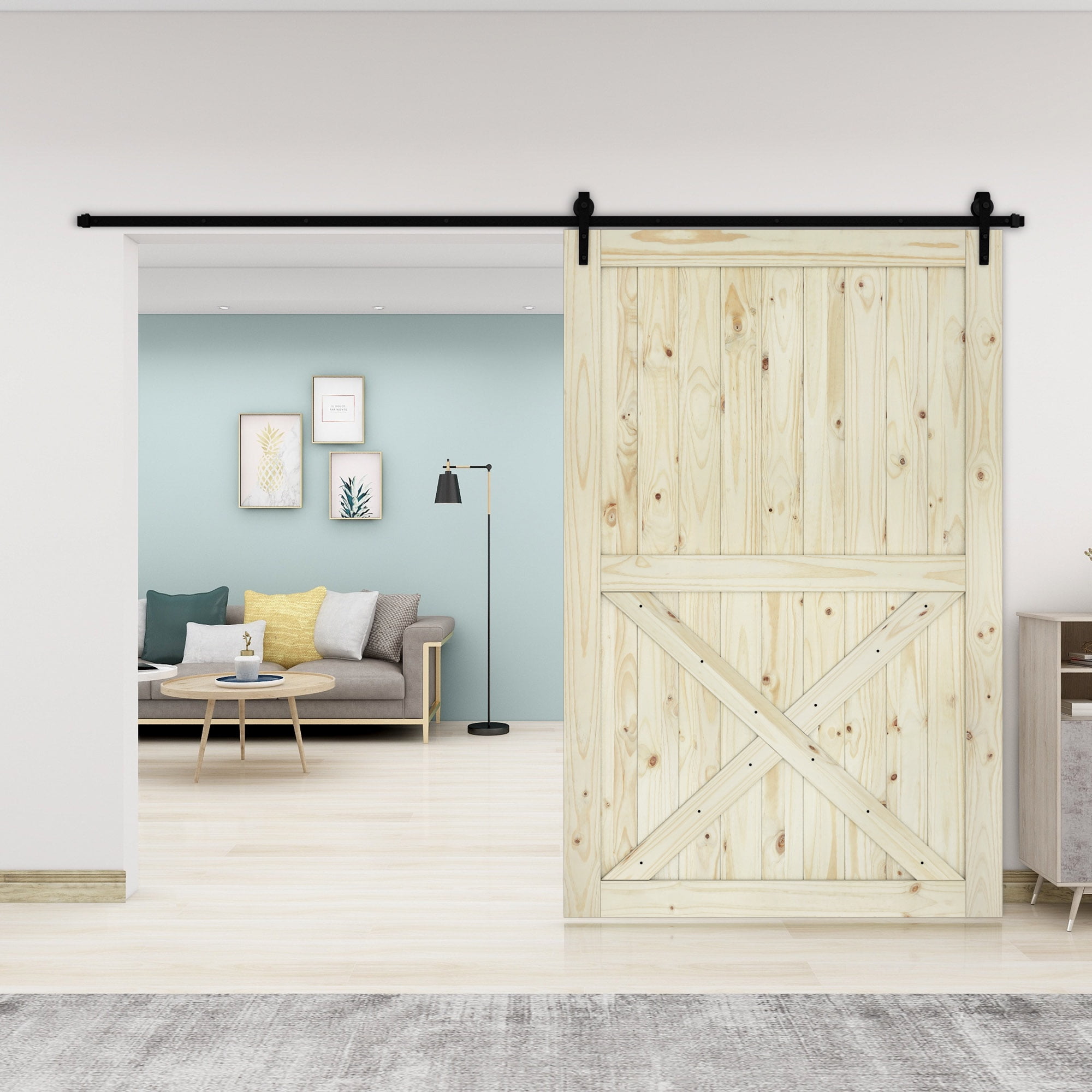 BELLEZE 42 x 84 Modern Sliding Barn Door Natural Wood Pine Unfinished Arrow Single DIY Easy Assemble Nature BELLEZE 42 x 84 Modern Sliding Barn Door Natural Wood Pine Unfinished Arrow Single DIY Easy Assemble Nature