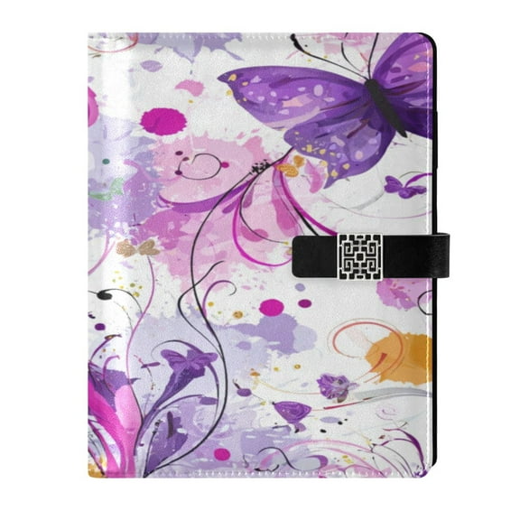 9.2x6.7 inch Leather Notebook 100 Sheets, Multi-Pocket Design & Pen Loop Purple Butterfly with Swirls Refillable Journal Organizer