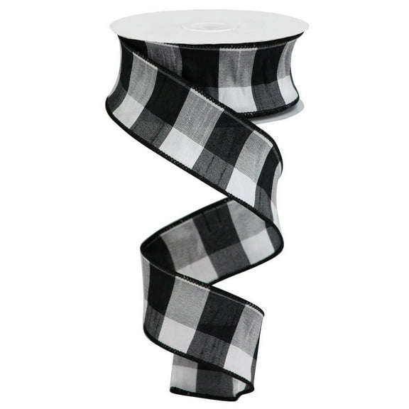 Large Check Faux Dupioni Wired Edge Ribbon - 1.5 Inch x 10 Yards (Black, White)RGA1861X6