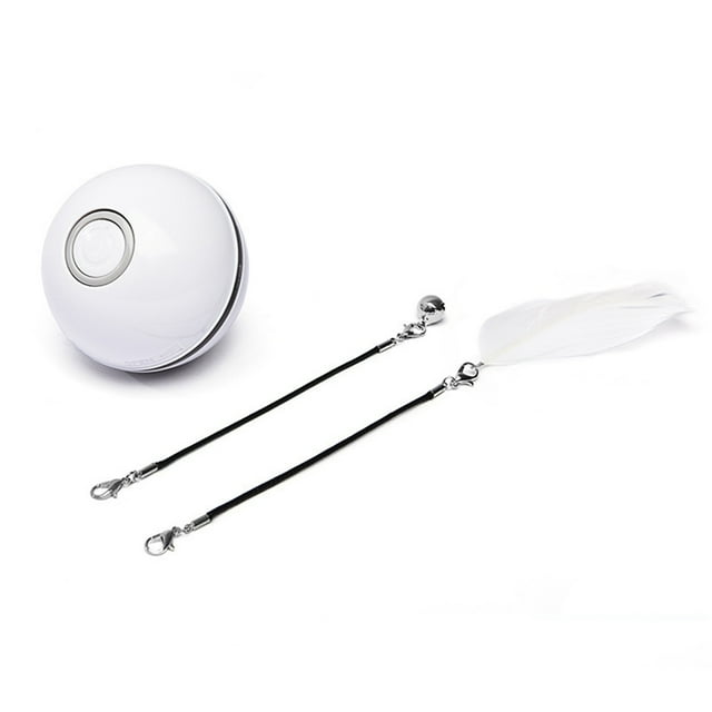 Graflsoa USB Rechargeable Smart Cat Toy with Multicolor LED Lights, Auto-Direction Change, Feather & Bell Attachments, Durable ABS Material, White