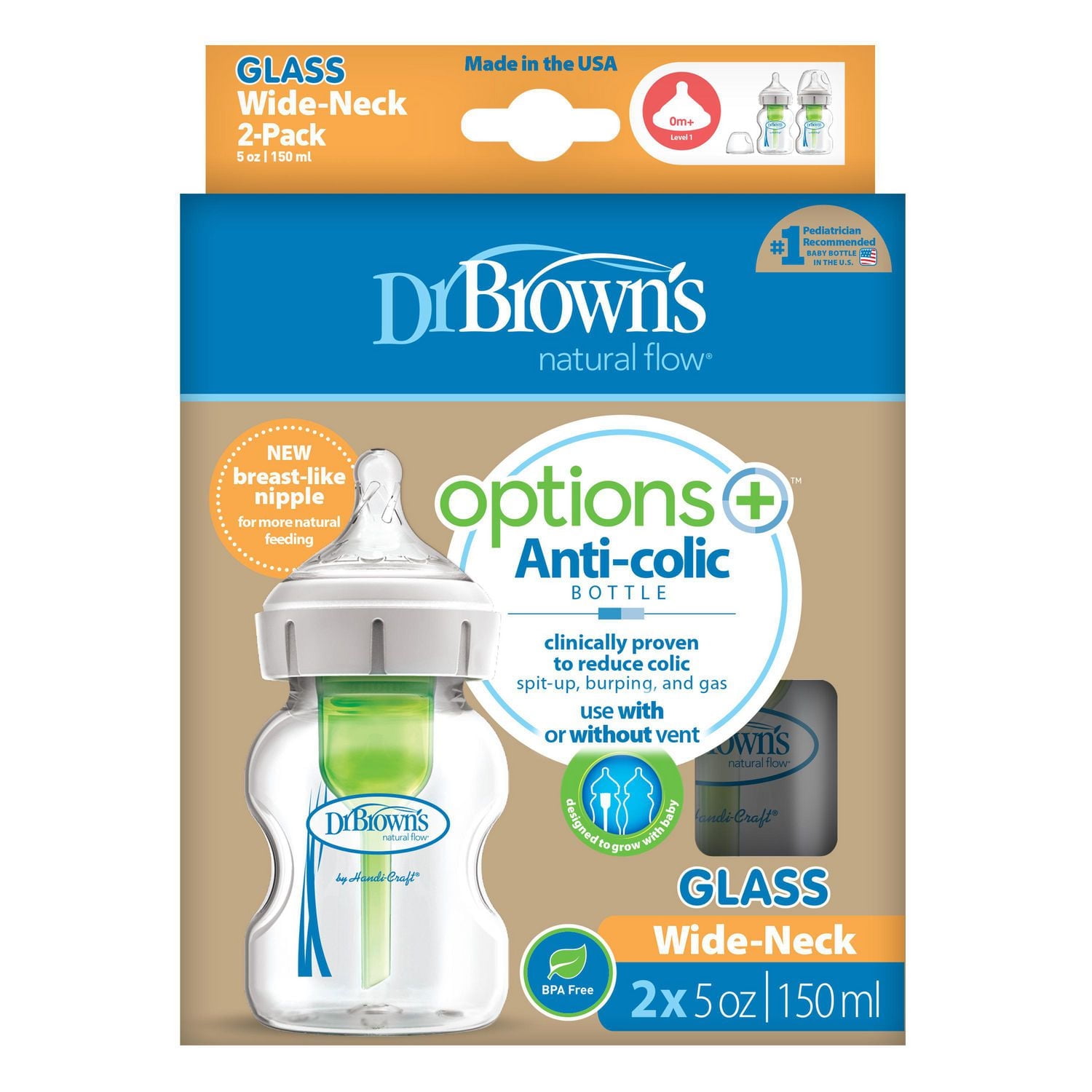 Biberon en verre Col large de Dr. Brown's Options+ 150 ml, paquet de 2