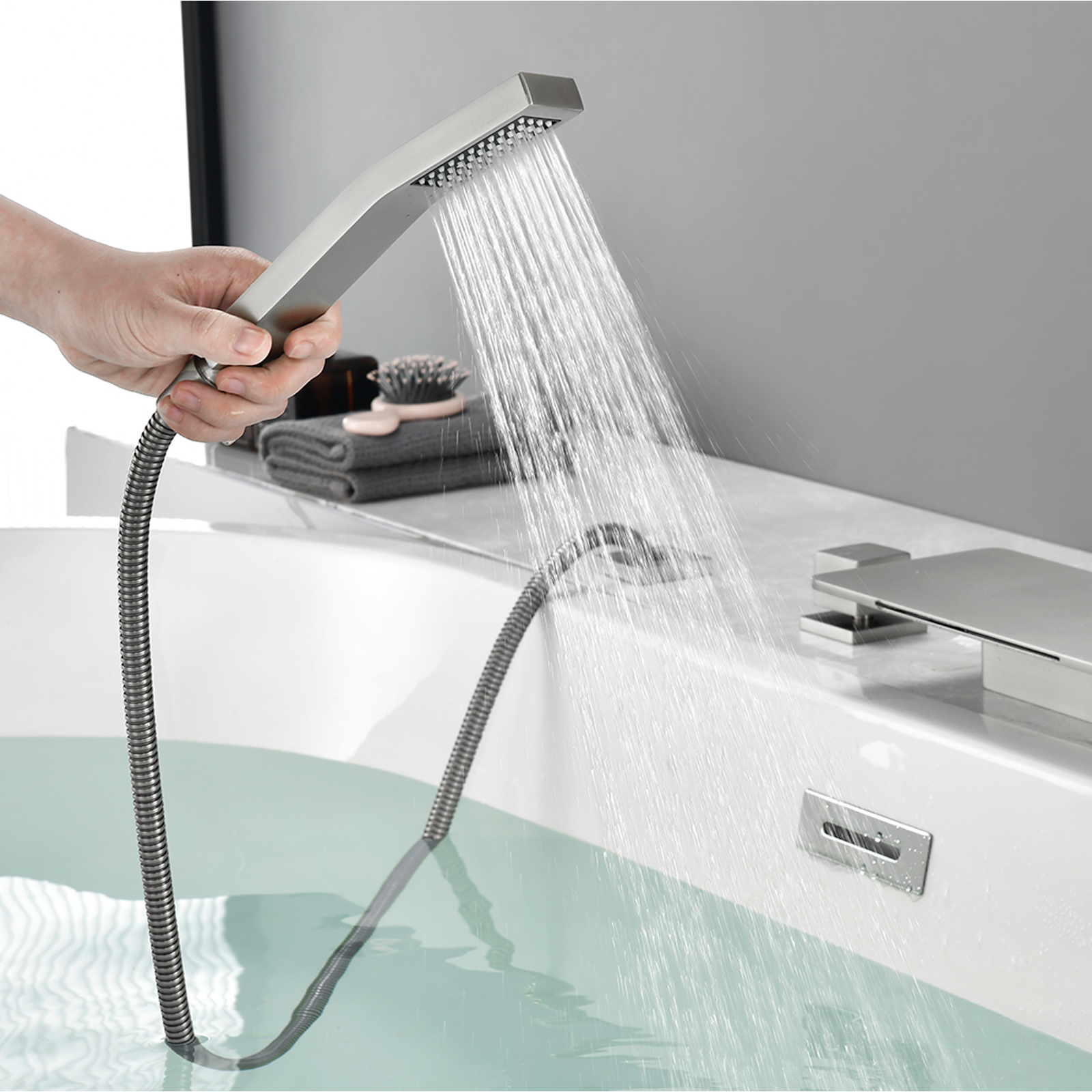 Cobbe Bathroom Bathtub Faucet Set Single Handle with 11.02-Inch Wide Bathtub Spout and Handheld Shower 4-Hole Deck Mount Tub Faucet Brushed Nickel